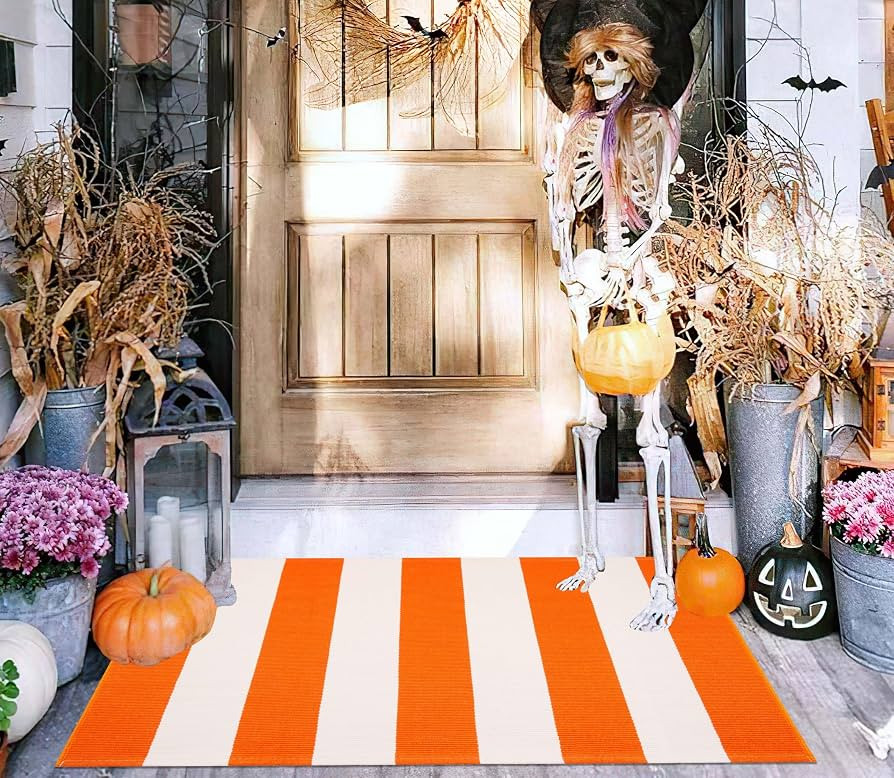 Fall Front Door Mat Outdoor 24"x35",Orange White Striped Layered Doormat | Amazon (US)