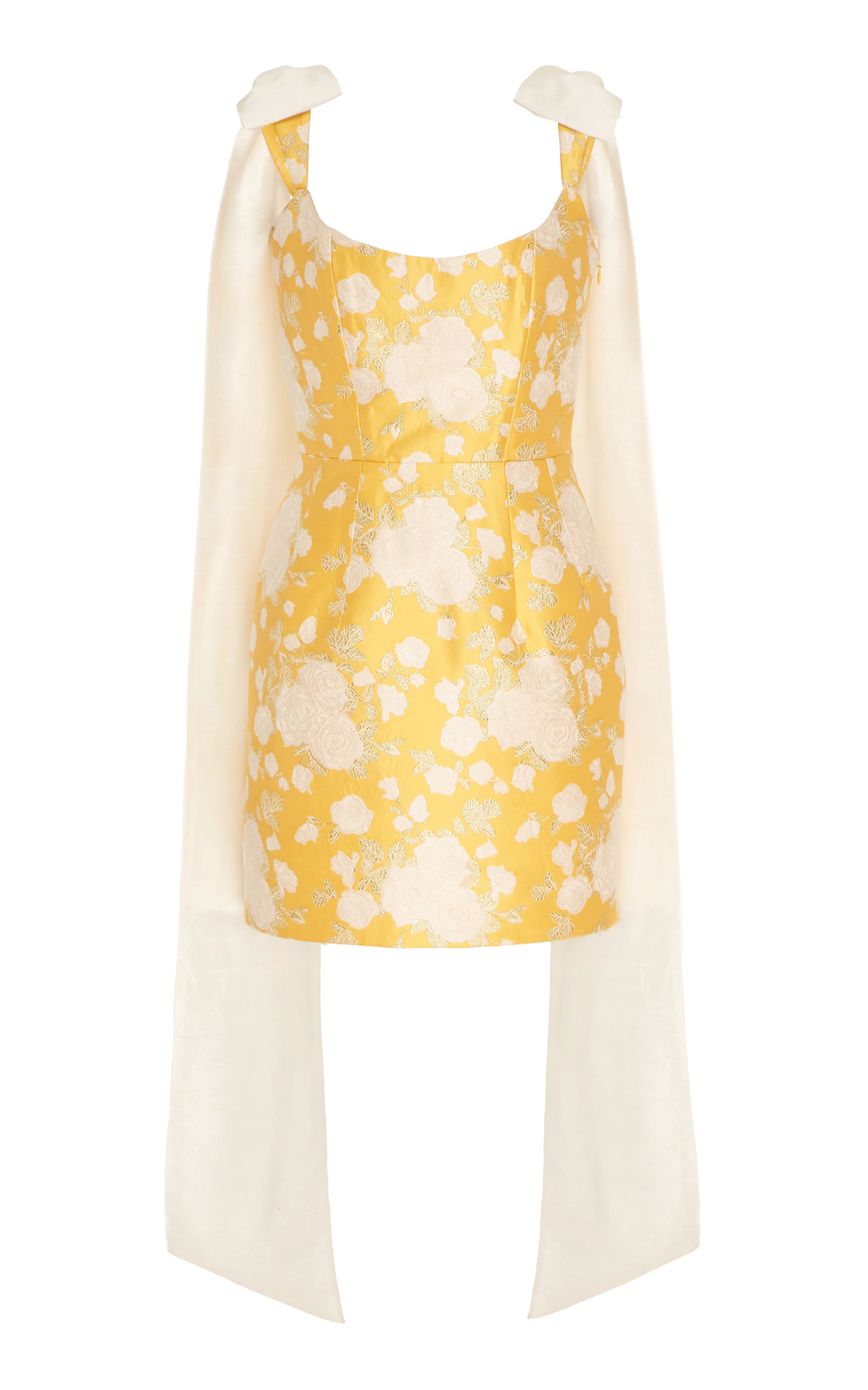 Celestia Yellow Floral Brocade Corset Mini Dress | Markarian