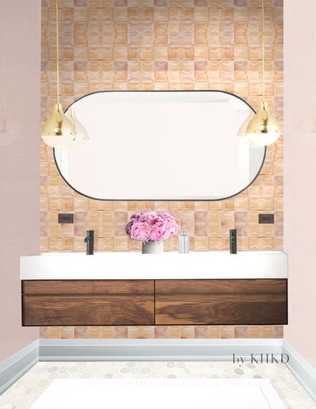 We have a mood for warmer tones this summer maybe because we have been through a lot of cloudy weathers lately---the so-called infamous June Gloom in SoCal. A warm and inviting powder room will make you feel cozy and homey and make your guests feel more welcoming and relaxing. For this minimalist powder room we designed, we used a clean-lined floating dark walnut wall-mounted bath vanity to anchor the space while terracotta-inspired wall tiles add texture, depth and warmth to the space. The mixing use of metals also gives this power room more personality. The lighting design for any bath is extremely important. We used two hanging pendants on the both sides of the mirror to give that even lighting on the face. And there are 3 of small recessed lights with one of them centering with the sink. We also designed LED tape lighting underneath the vanity to make it floating and it is perfect for lighting the space in the evenings without disturbing the eyes. The creamy marbling mosaic flooring and cloudy white bath mat make the space feel cozy, crisp yet elegant. #bathroom 

#LTKFind #LTKhome #LTKSeasonal