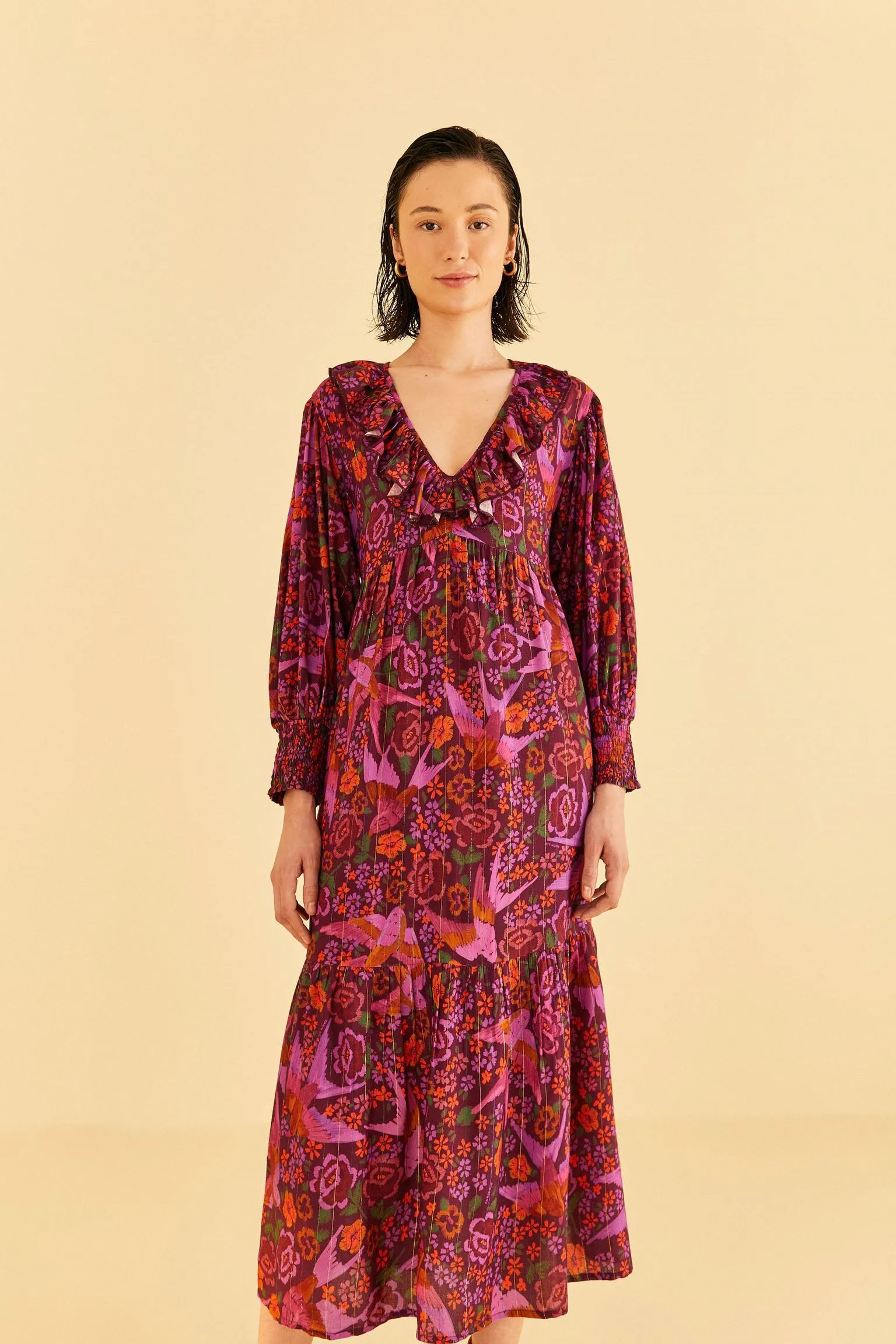 Vestido Cropped Manga Estampado Jardim Dos Passaros | Farm Rio (BR)