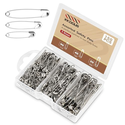 XKDOUS Safety Pins - 150 Pcs Assorted Sizes Silver Pins Bulk - Small & Large Heavy Duty for Clothes, Sewing, Craft | Amazon (US)