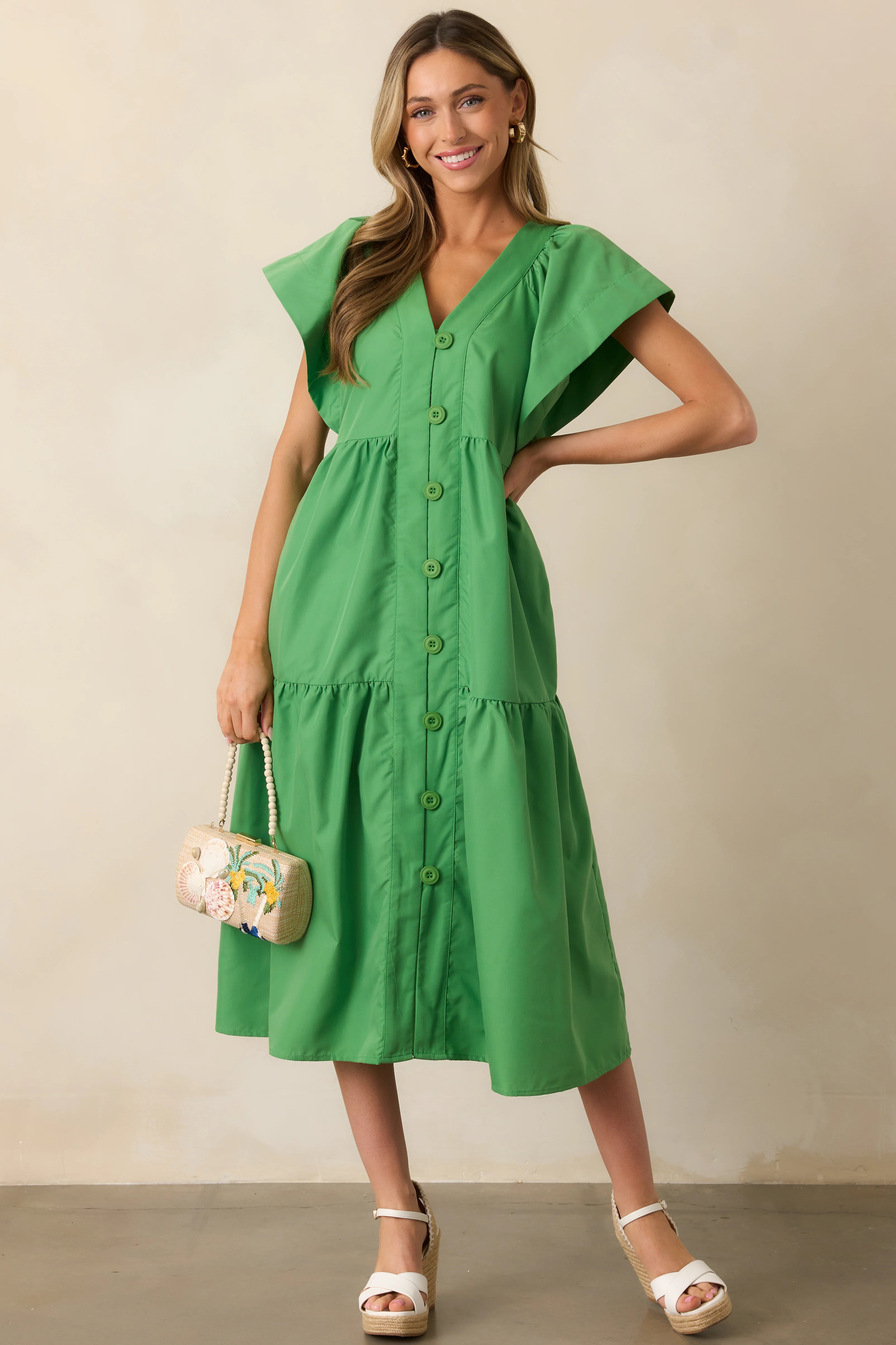 Vivid Palms Green Button Front Midi Dress | Red Dress
