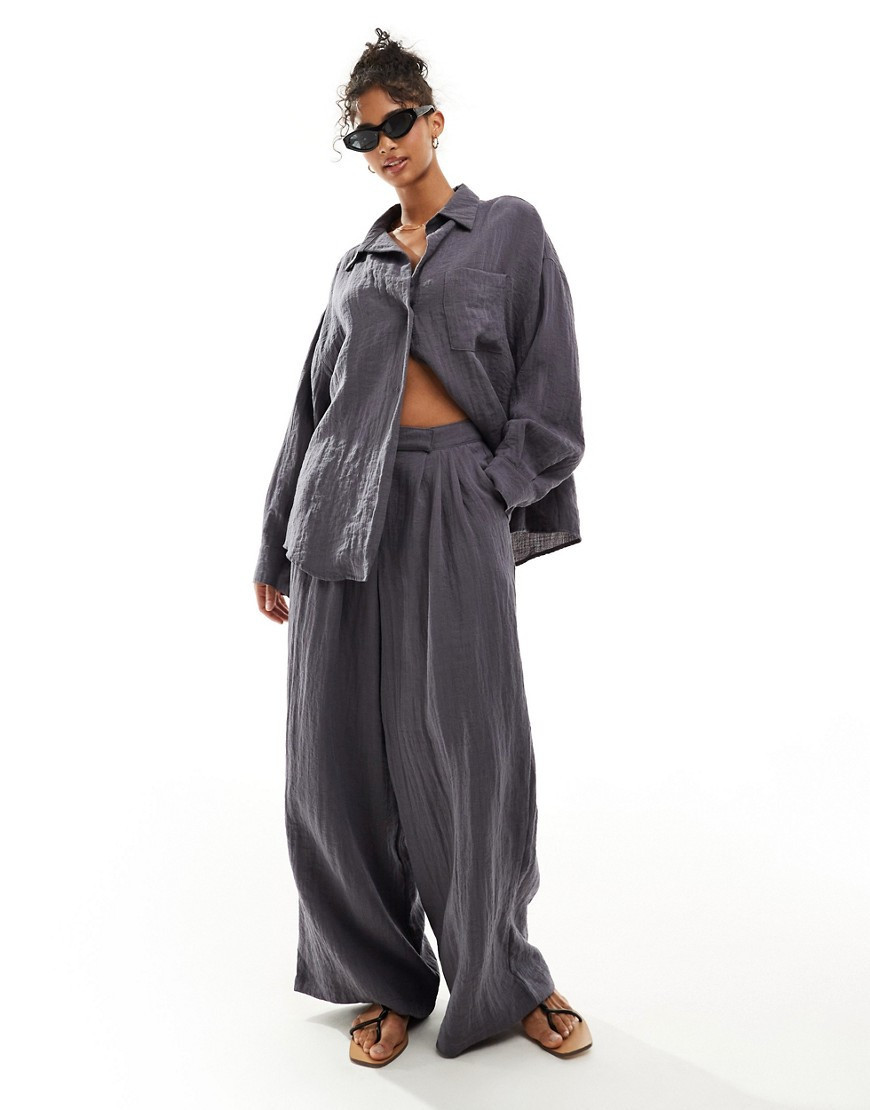ASOS DESIGN wide leg pants with pleat detail in textured fabric in charcoal (part of a set)-No colour | ASOS (Global)