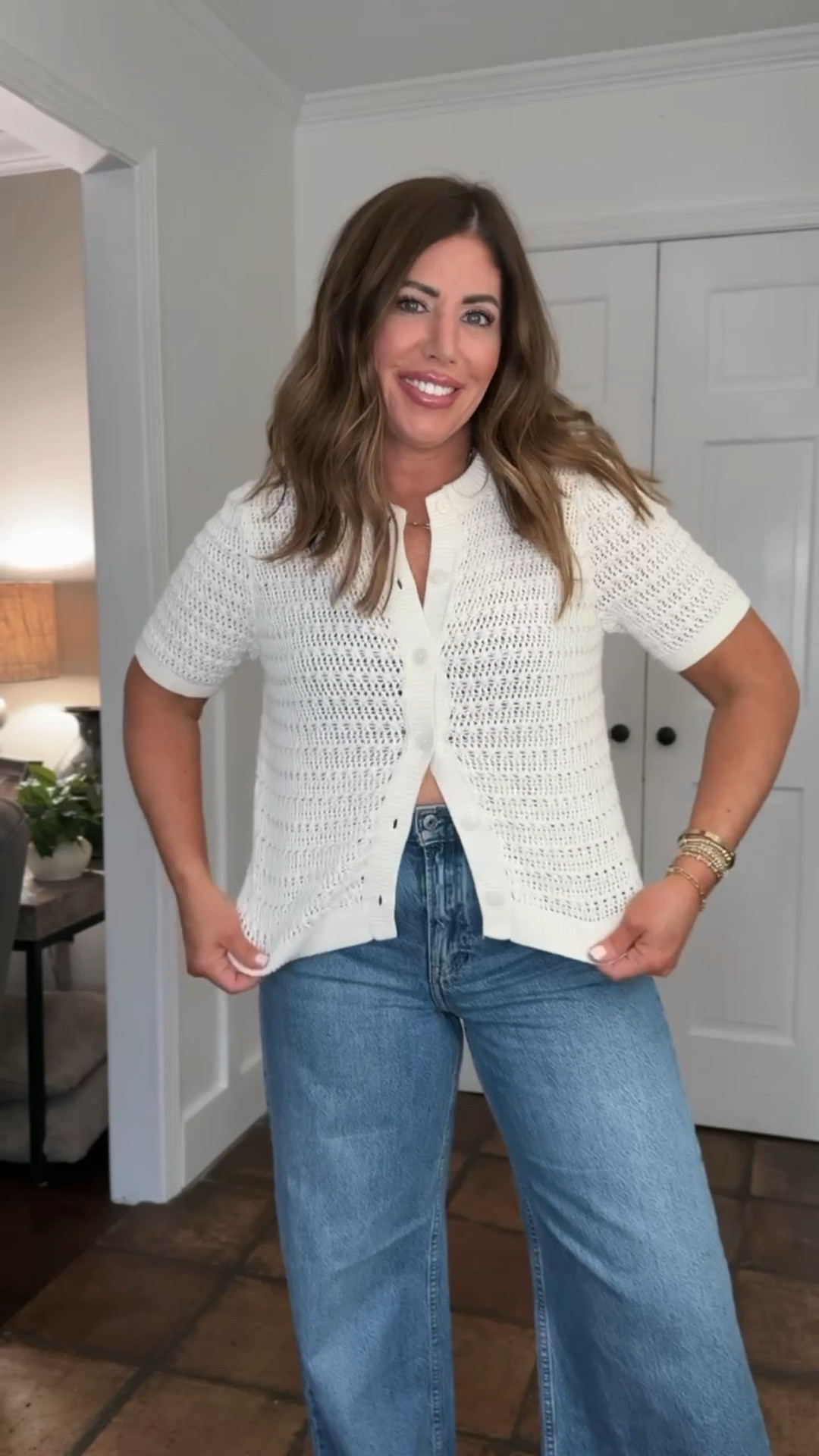 25% off at @abercrombie exclusively through LTK with code! 

High-rise wide leg jeans, size 29 long
Lightweight drape denim fitted through the hips, stomach and butt, and then relaxed down the leg very flattering and comfy. They come in several washes and length options.

Cotton sleeveless button-down sweater size medium available in a few other colors

Short sleeve, crochet button-down cardigan/size medium available in a few other colors

Long sleeve boat, neck, Marino blend sweat sweater. This pink is sold out, but there are several other really pretty colors. It is super soft and cozy and perfect to wear while the weather is still cool. You could even wear them with linen pants on the cool summer nights. 

#LTKSaleAlert #LTKOver40 #LTKMidsize