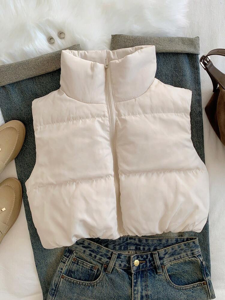 Comfortcana Solid Zipper Front Crop Vest Winter Coat | SHEIN