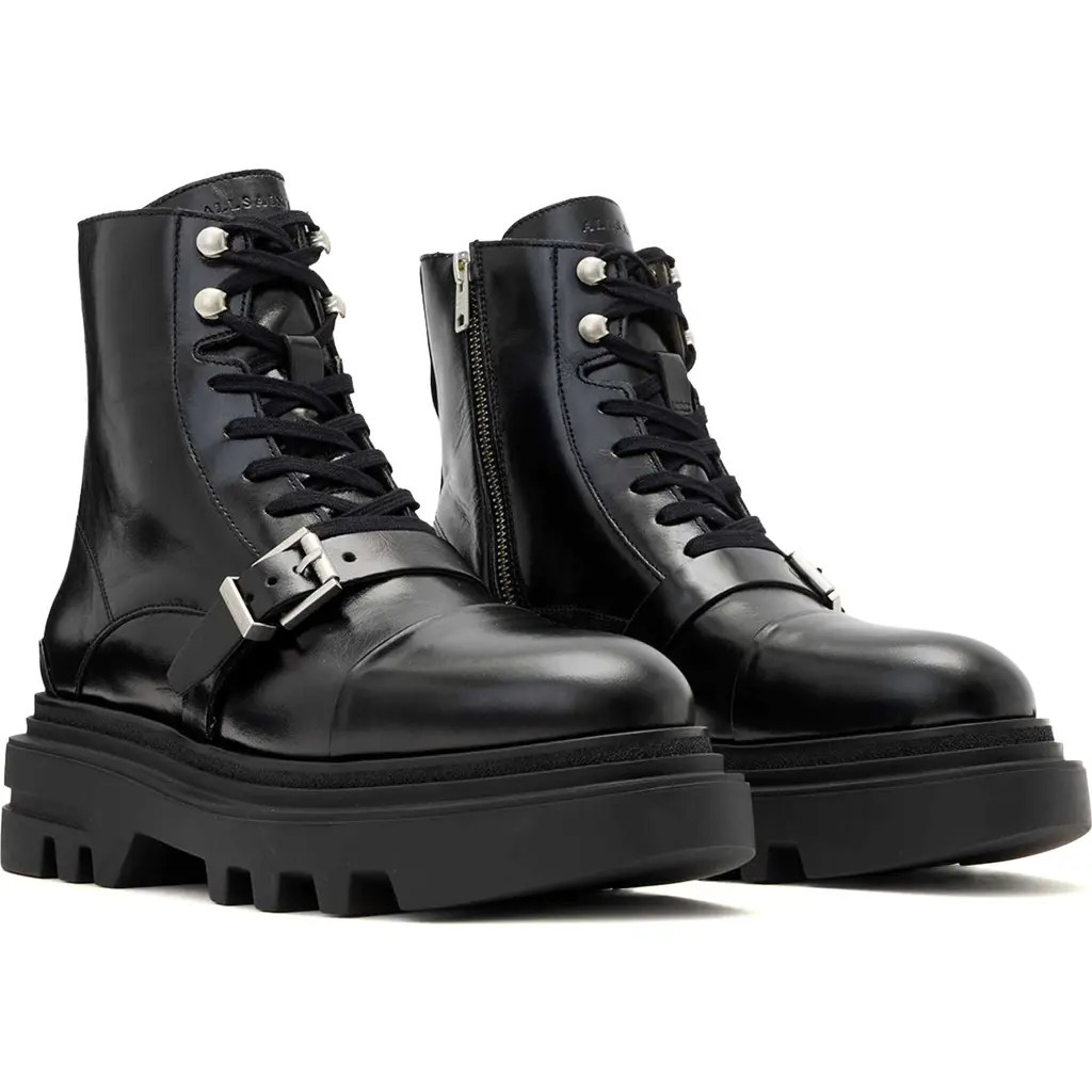 AllSaints Astrid Combat Boot in Black Shine at Nordstrom, Size 9Us | Nordstrom