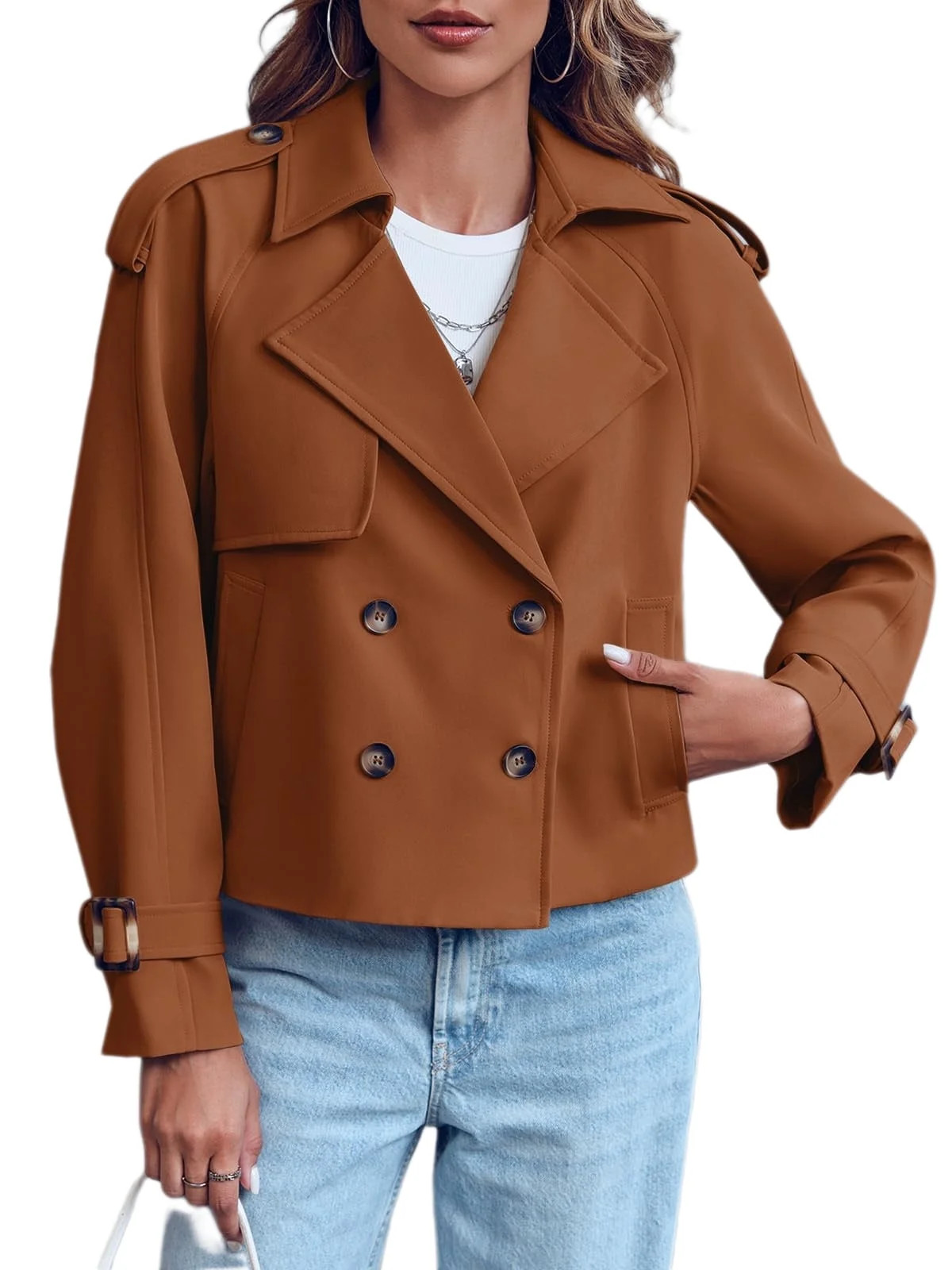 Double Breasted Women Solid Color Casual Crop Trench Coat Lady Office Jacket with Pocket | Walmart (US)