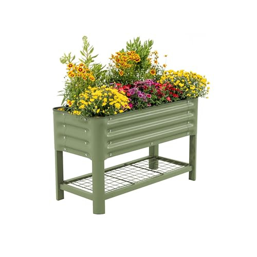 Elevated Raised Garden Bed for Kids Toddler, 16"(W) x 36" (L) x 22"(H) Outdoor Planters Box with Legs & Storage Rack, Solid & Safe Raised Beds for Gardening Herbs Vegetables Flowers, Olive Green | Amazon (US)