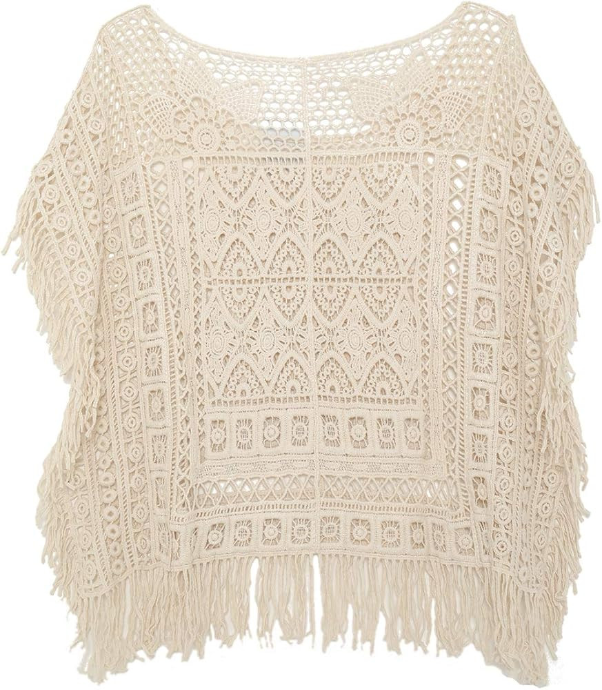 JASTIE Women Boho Hippie T-Shirt Tunic Tops Crochet Blouse Shirt Hollow Out Beach Swimsuit Cover ... | Amazon (US)