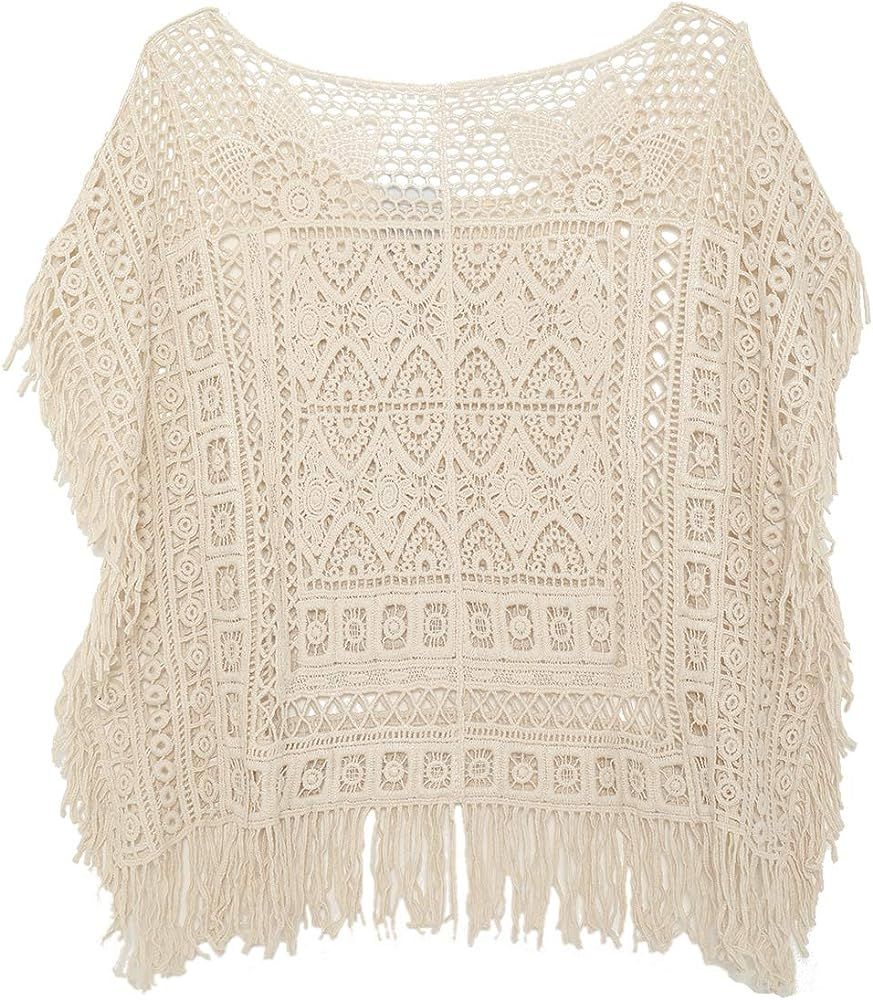 JASTIE Women Boho Hippie T-Shirt Tunic Tops Crochet Blouse Shirt Hollow Out Beach Swimsuit Cover Up | Amazon (US)