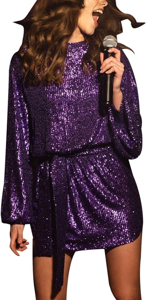 GTMRINJN Women Long Sleeve Sequins Glitter Dress Party Sparkle Loose Fit Shift Mini Short Dress with | Amazon (US)