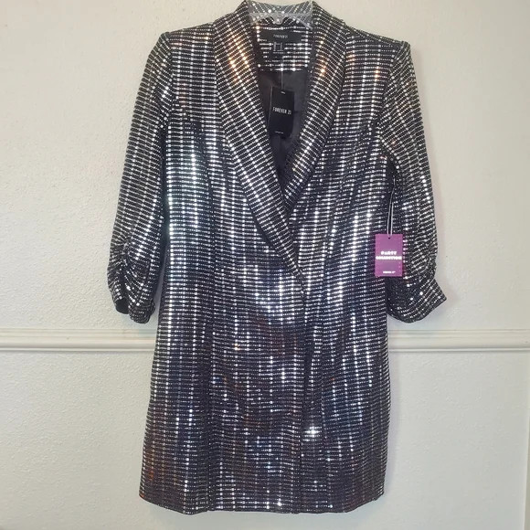 Forever 21 Blazer Silver Sequin Women's Blazer Black Glitter Snap Closure | Poshmark