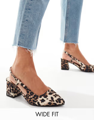 SEQWL Wide Fit pointed sling back block heeled shoes in leopard print | ASOS (Global)