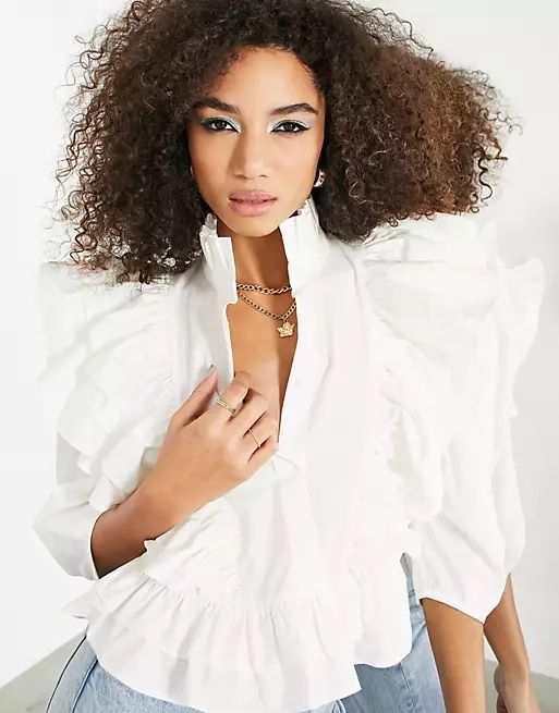 ASOS EDITION ruffle detail shirt with high neck in white | ASOS (Global)