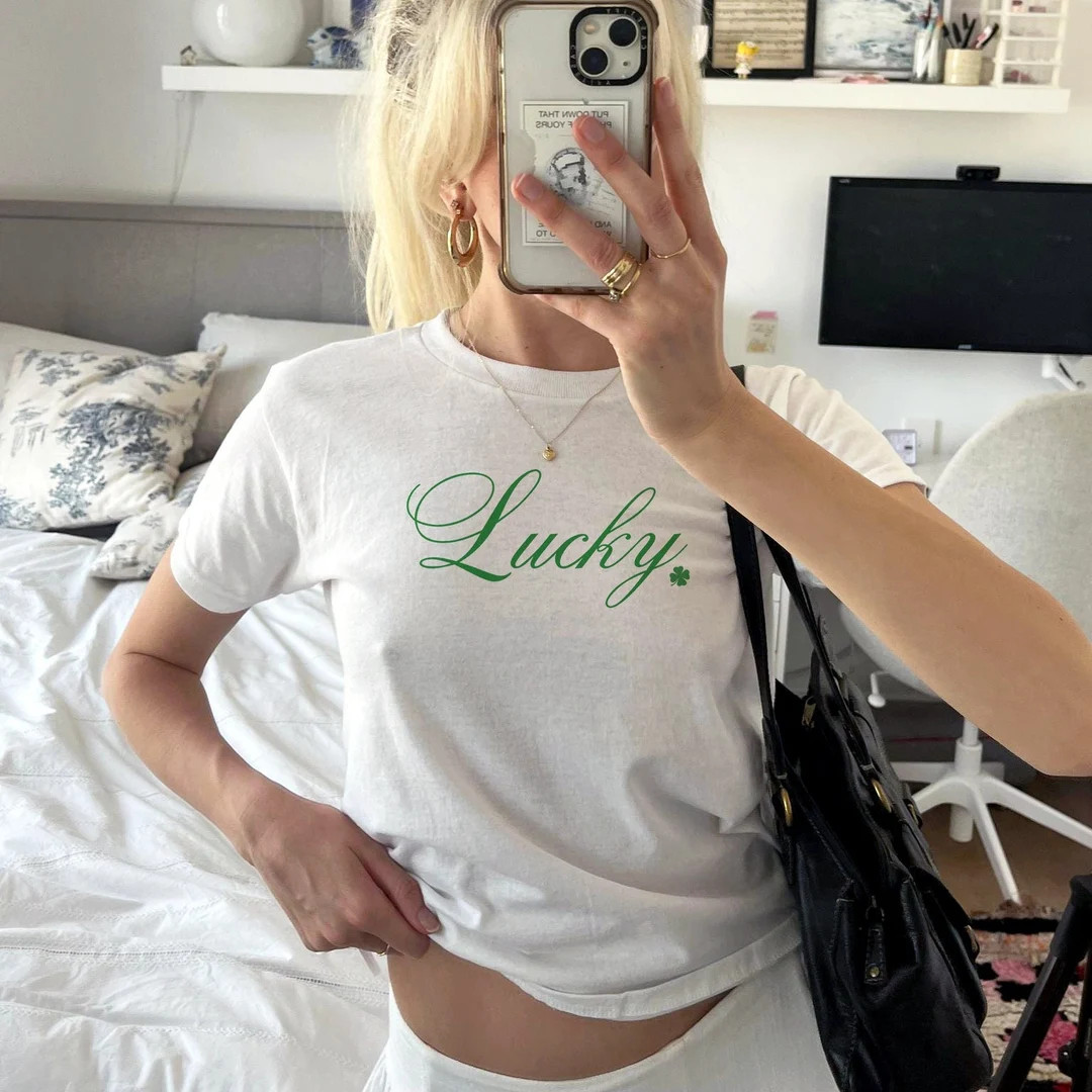 Lucky St. Patricks Day Baby Tee Four Leaf Clover Y2k Baby Tee St Paddys Baby Tee Luck of the Iris... | Etsy (US)