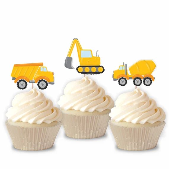 Construction Trucks Cupcake Topper, Set of 12, Birthday Theme for Boys | Etsy (US)