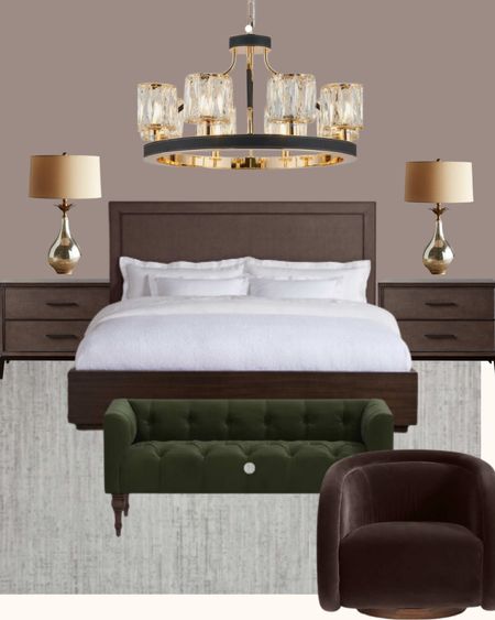 Bedroom inspiration / moody bedroom / brown bedroom / brown velvet chair / bed bench / modern bed / cool lamps / brown bed / white bedding / duvet inset / Amazon Home / lamps / chandelier 

#LTKhome #LTKwedding