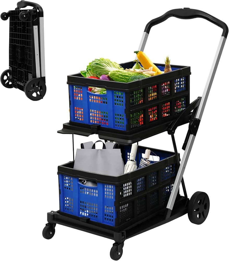 Collapsible Shopping Cart with 2 Bins Grocery Cart on Wheels Multi Use Two Tier Folding Cart for ... | Amazon (US)