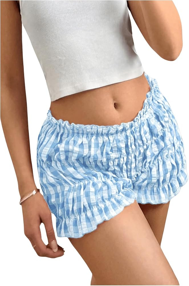 SHENHE Women's Y2k Gingham Shorts Ruffle Low Rise Elastic Waist Casual Summer Mini Shorts | Amazon (US)