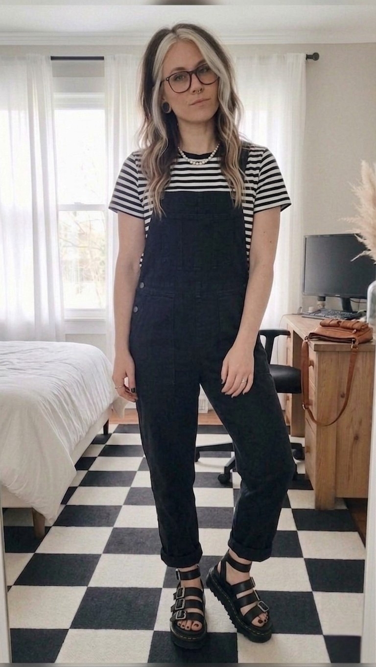 If you’re looking for a versatile spring transition outfit, this is it! I swapped my band tee for a crisp striped crewneck and traded the denim for these matte black canvas overalls. The straight-leg fit is so flattering and gives off that effortless modern utility aesthetic.

I finished the look with chunky platform sandals with silver buckle hardware to keep it edgy but breathable. This look is perfect for weekend errands or a casual coffee date.

#LTKootd #LTKMidsize #LTKSeasonal