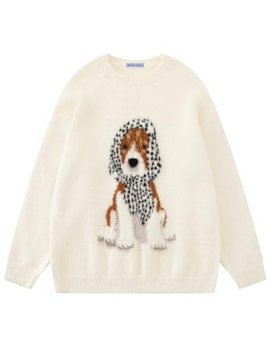 Aelfric Eden Sweaters Dog Graphic Sweater Unisex Vintage Oversized Crewneck Knit Pullover Streetwear Y2k Tops Apricot | Amazon (US)