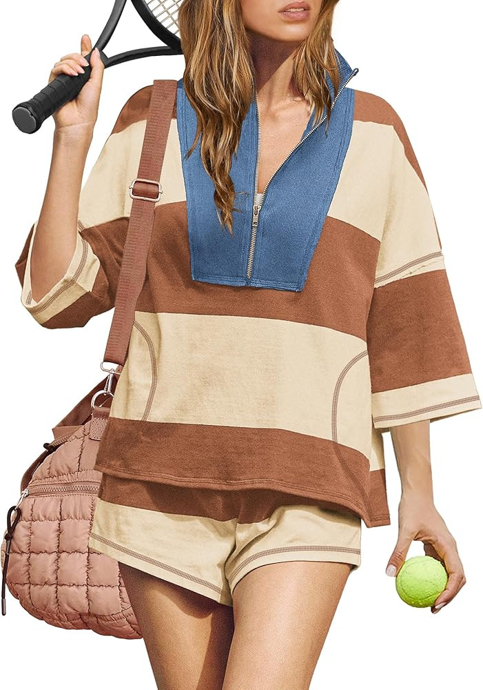 ReachMe Womens Workout Striped Short Sets 2 Piece Outfits Summer Matching Lounge Sets Top and Sho... | Amazon (US)