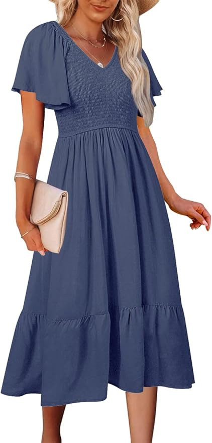 MEROKEETY Womens Summer Casual V Neck Ruffle Sleeve Smocked High Waist Midi Dress with Pockets | Amazon (US)