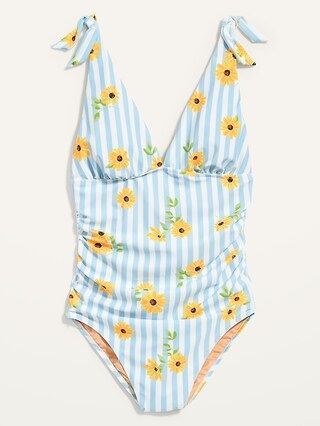 Tie-Shoulder Ruched Plunge One-Piece Swimsuit for Women | Old Navy (US)