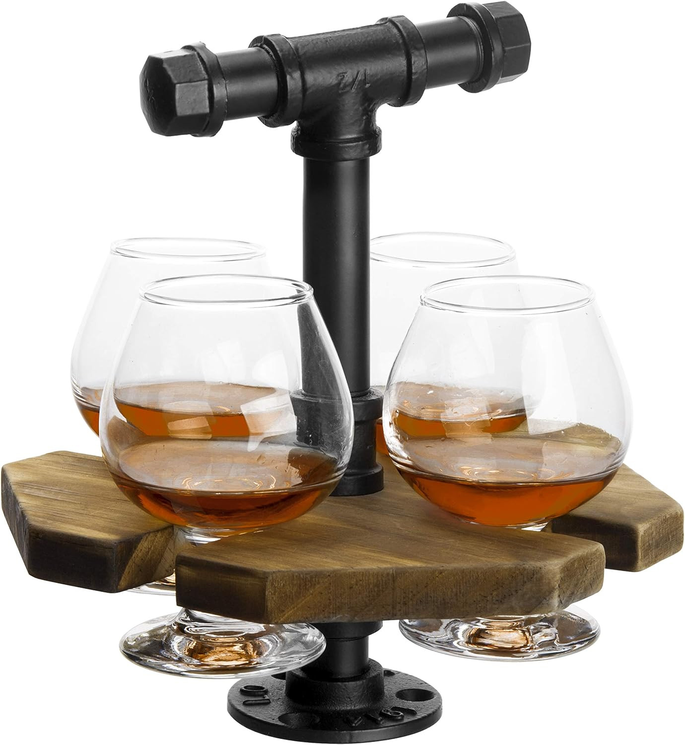 MyGift Solid Burnt Wood Serving Beer Whiskey Flight Set Tray with Industrial Black Metal Pipe Car... | Amazon (US)