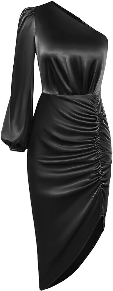 GRACE KARIN Women's Fall One Shoulder Long Sleeve Ruched Bodycon Midi Long Satin Formal Cocktail ... | Amazon (US)