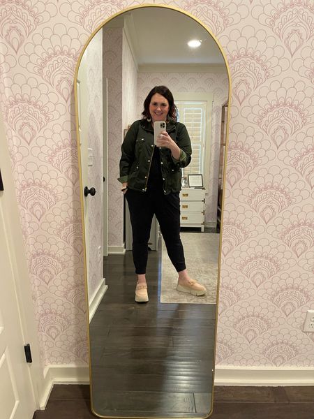 Black joggers, olive green coat with gold details, and pink loafers for pop  

#LTKstyletip #LTKshoecrush #LTKworkwear