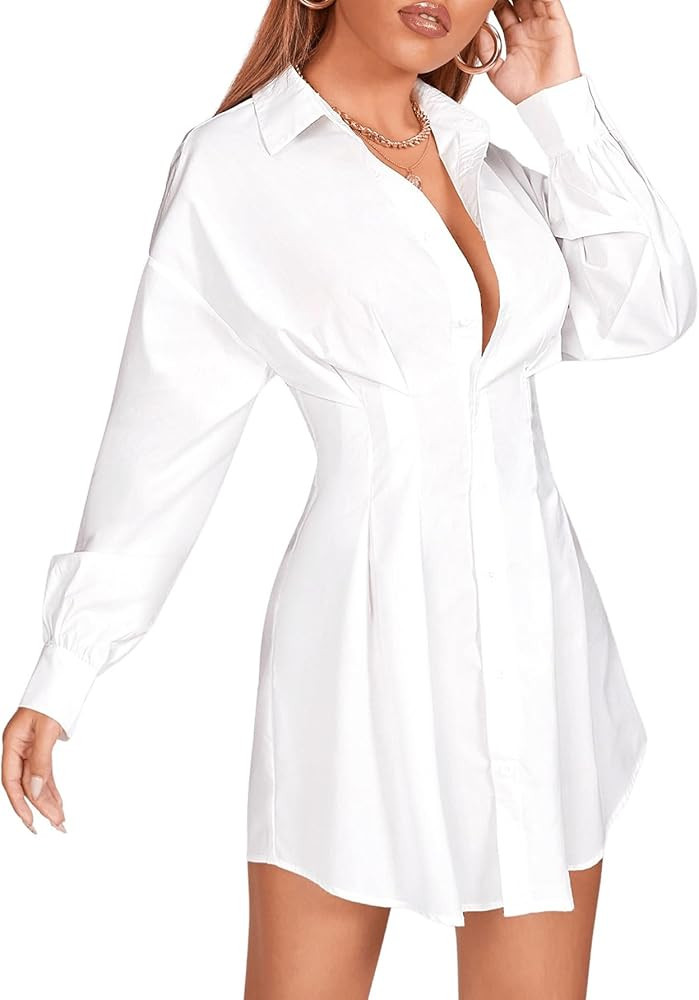 GORGLITTER Women's Button Up Long Sleeve Mini T Shirt Dress Lapel Collar Pleated Flared Short Dre... | Amazon (US)