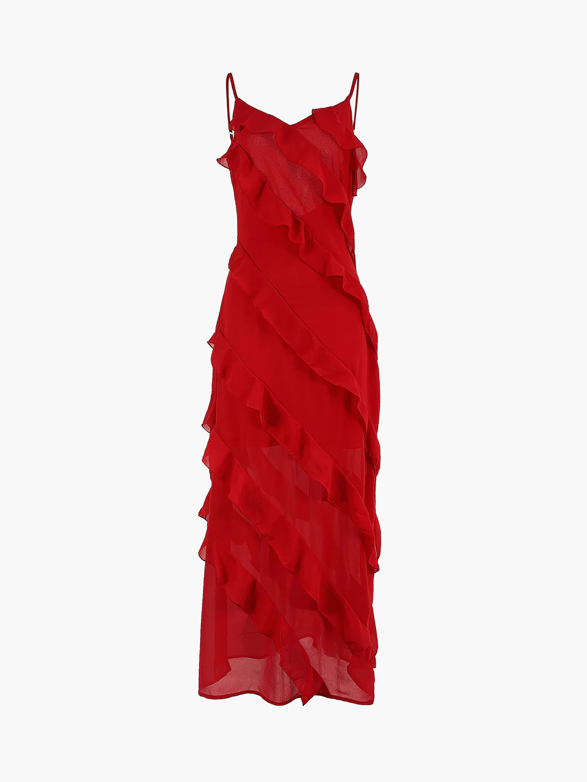 Semi-Sheer Ladder Ruffle Zippered Long Dress | Commense