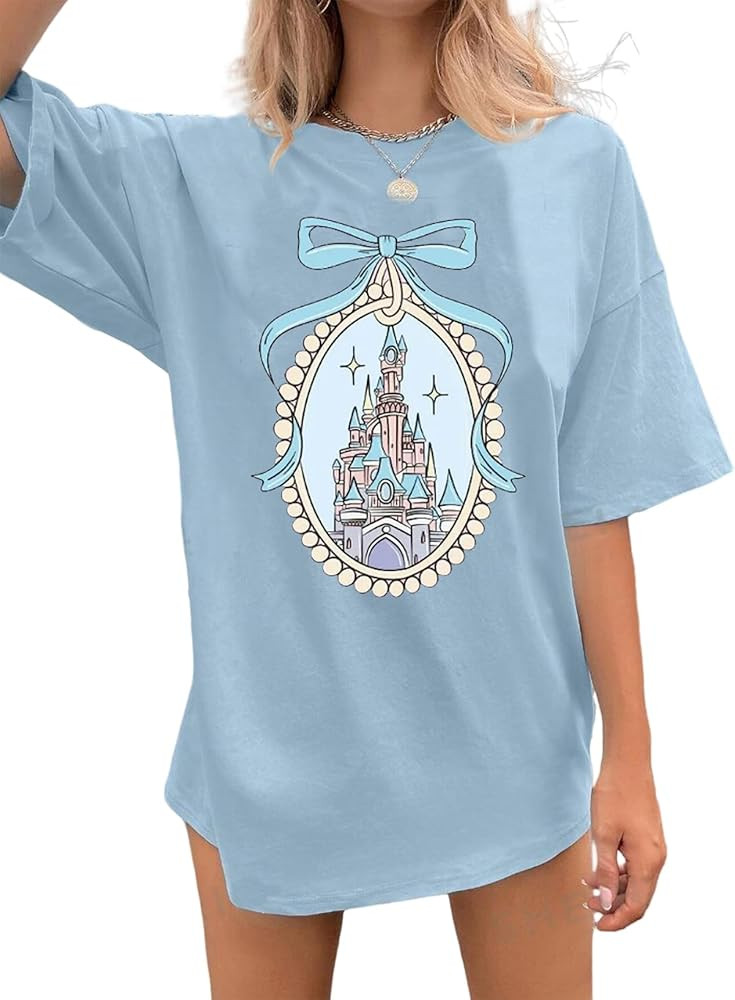 jusgai Magic Kingdom Tshirts for Women Cute Castle Shirt Oversized Bows Graphic Tee Family Vacati... | Amazon (US)