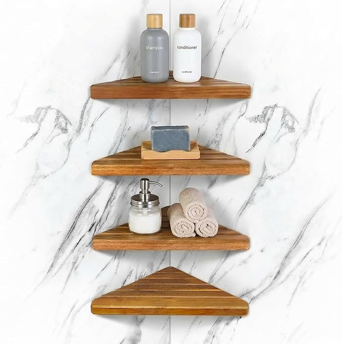 ENKEZI Acacia 2,3,4 Tiers Corner Shower Shelf, Triangular Corner Shelf Wooden Bathroom Shelf for ... | Amazon (US)