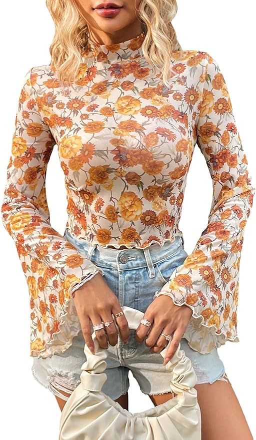GORGLITTER Women's Floral Print Bell Long Sleeve Crop Blouse 70s Sheer Mesh Mock Neck Shirt Crop ... | Amazon (US)