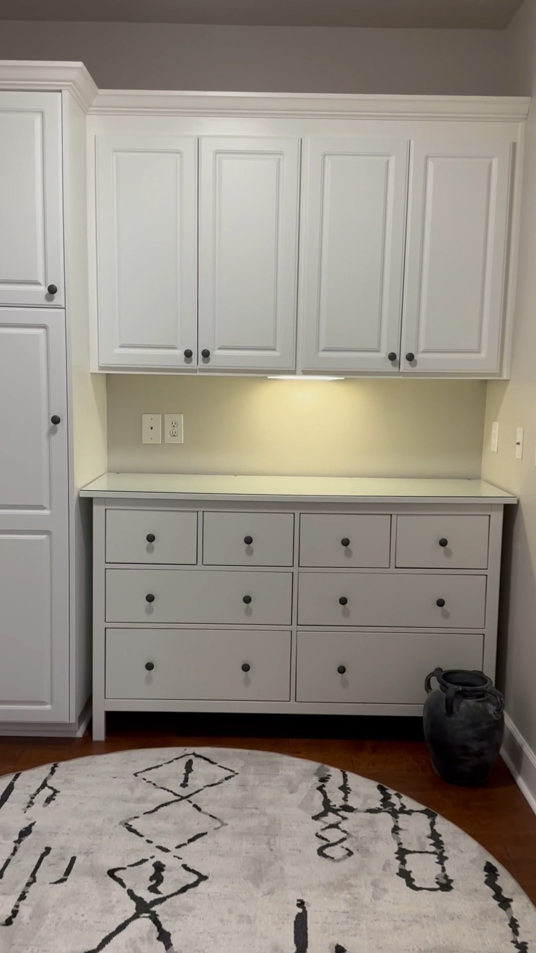 This space never served any purpose other then a drop zone for clutter and there was no organization or functionality. I decided the best solution was to remove the desk and add custom doors to the open shelves. I found this beautiful dresser that fit the open space perfectly it adds charm and functionality. 

I found my dresser on FB marketplace but you can purchase below. 

#LTKHome