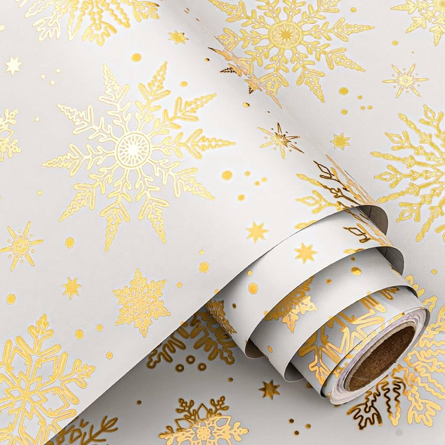 Burymento Christmas Wrapping Paper, White and Gold Snowflake Design Gift Wrapping Paper Suitable ... | Amazon (US)