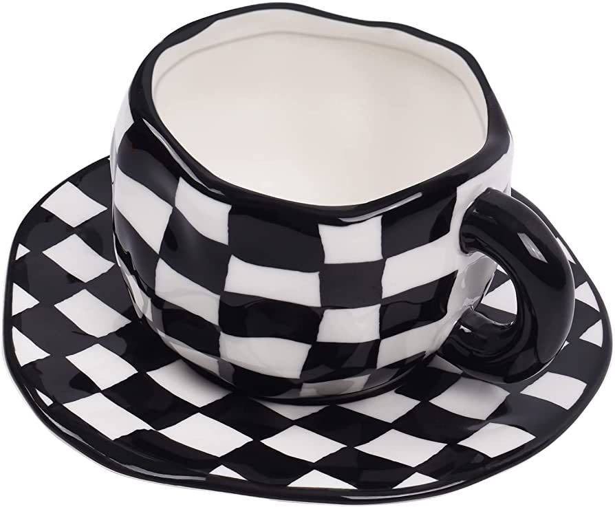 Koythin Ceramic Coffee Mug, Novelty Black and White Plaid Cup with Saucer for Office and Home, Di... | Amazon (US)