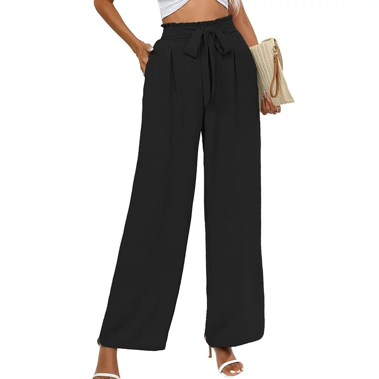Chiclily Women's Wide Leg Pants with Pockets Lightweight High Waisted Adjustable Tie Knot Loose T... | Walmart (US)