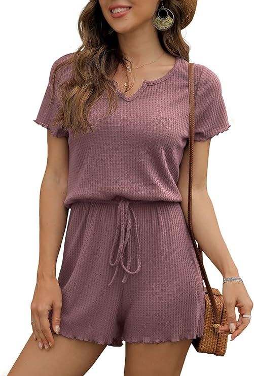 IWOLLENCE Rompers for Women Waffle Knit Notch Neck Summer Casual Beach Drawstring Shorts Jumpsuit... | Amazon (US)