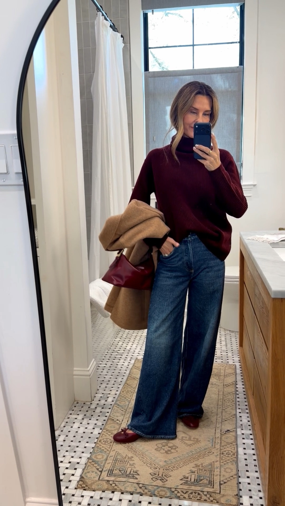 Winter Outfit Day 1 
I’m 5’6’’.
-Mongolian cashmere fisherman burgundy sweater size S
-Sweatpant jeans  TTS use code SHOPMY15 
-Shoes TTS
-J.Crew wool coat size 2
-Quince grey Cashmere loungewear TTS

#LTKOver40 #LTKootd