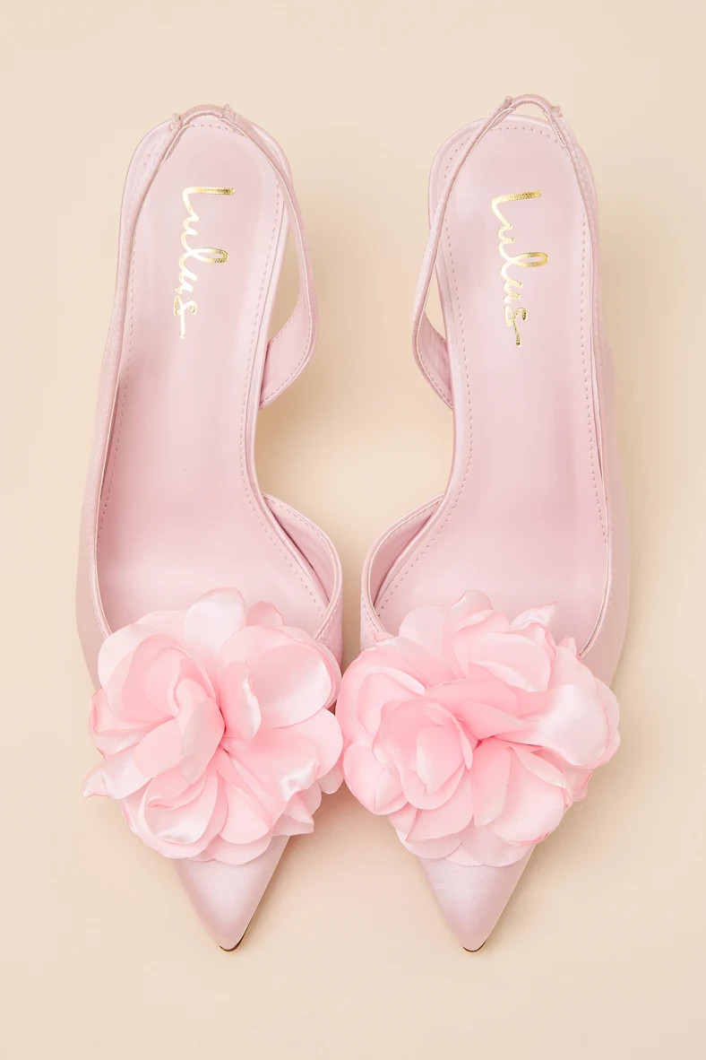 Courtney Pink Satin Floral Applique Slingback Pumps | Lulus