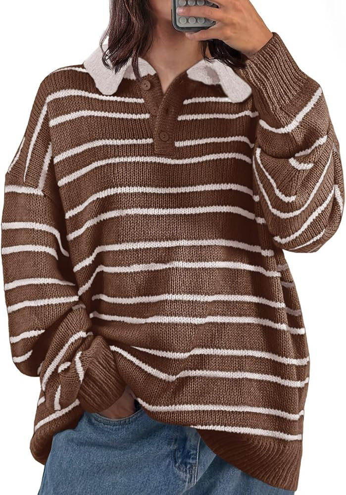 Saodimallsu Womens Striped Swaters Button Collared Polo Shirts Oversized Long Sleeve Chunky Knit ... | Amazon (US)