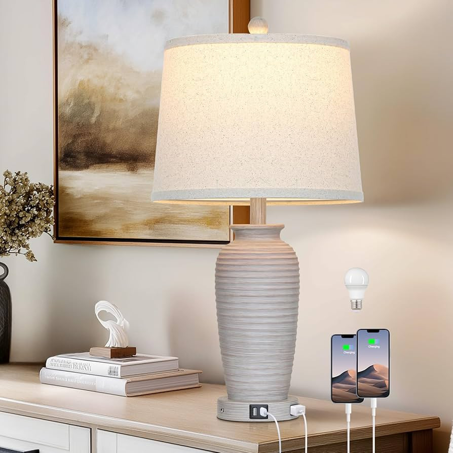 25" Vintage Farmhouse Jar Table Lamps, Single Rustic Bedside Lamp with USB A+C Ports & AC Outlet,... | Amazon (US)