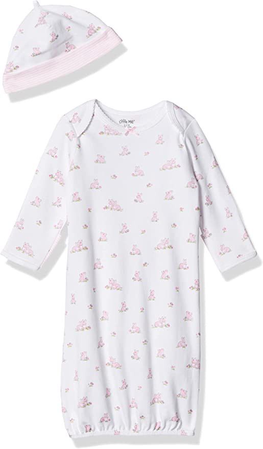 Little Me Baby Girls' Gown and Hat Set, White Print/Bunny, 0-3 Months | Amazon (US)
