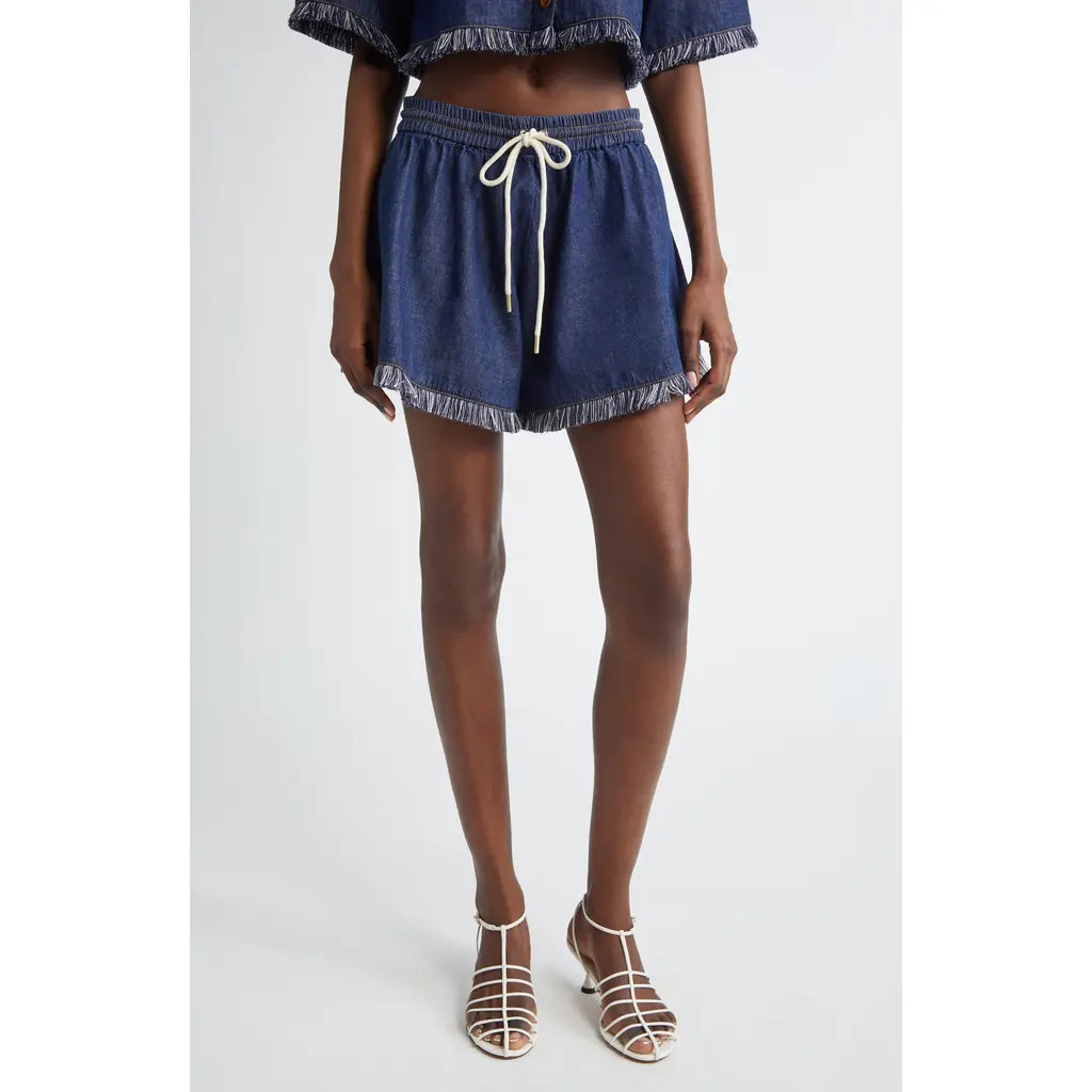 Zimmermann Rhiannon Drawstring Waist Fringe Hem Denim Shorts in Atlantic at Nordstrom, Size 2 | Nordstrom