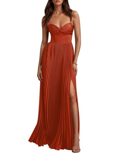 Satin Split Long Bridesmaid Dresses for Women Spaghetti Straps Sweetheart Neck Formal Dress Burnt Orange Pleated A Line Wedding Guest Party Gowns Plus Size US24W | Amazon (US)