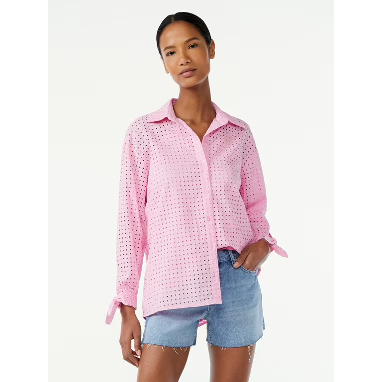 Scoop Women's Eyelet Blouse with Long Sleeves | Walmart (US)