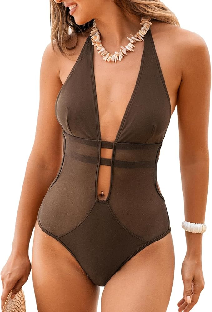 CUPSHE Women's One Piece Swimsuit Bathing Suit Deep V Neck Halter Back Tie Mesh Swimwear | Amazon (US)
